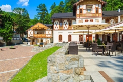Park with historic buildings in town centre of Szczawnica town, Poland